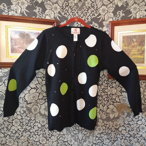 Quacker Factory Sweaters - Quacker Factory black cardigan green and white polka dot sequins 100% cotton
